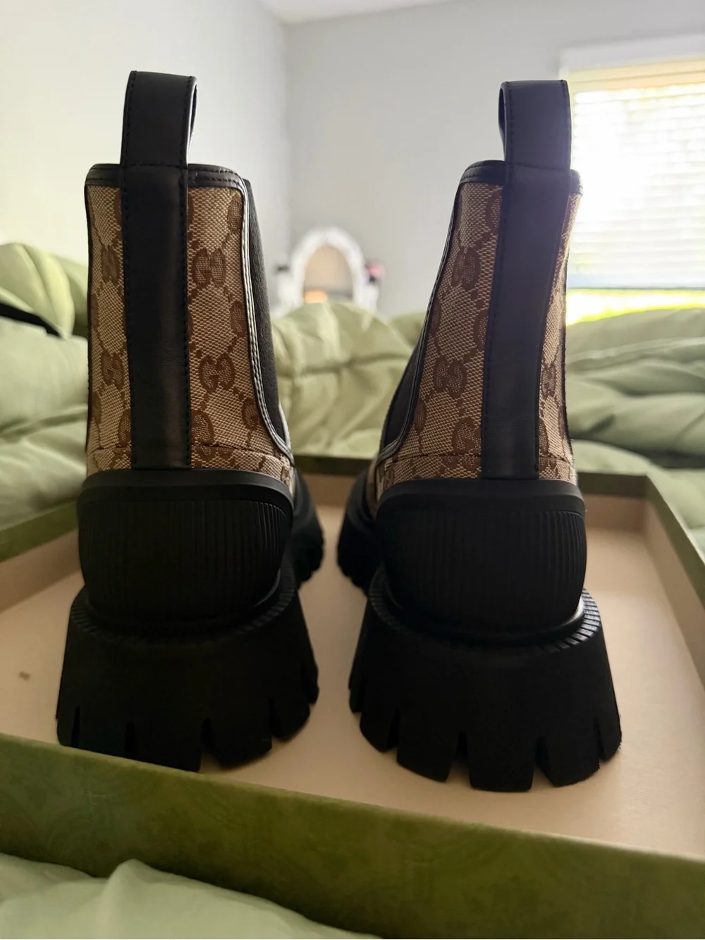 Gucci Beige GG Canvas Chelsea Lug Boots with Black Trim